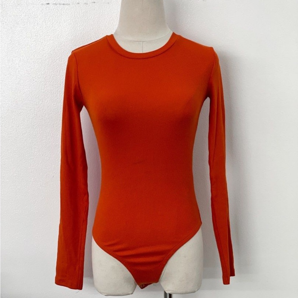 Zara Women’s Size S Long Sleeve Ribbed Bodysuit Orange Fall Basics Essential